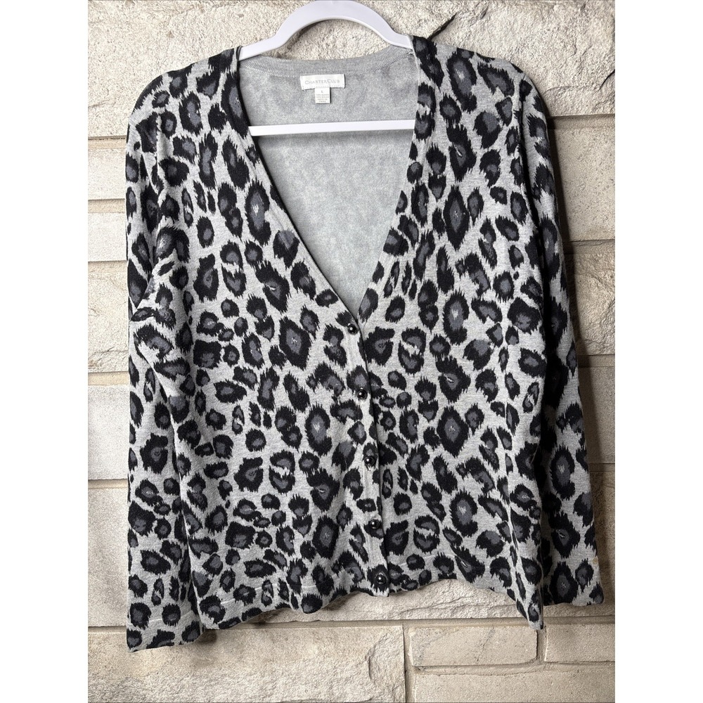 Charter Club Animal Print Cardigan Sweater Womens Large Multi Leopard Casual